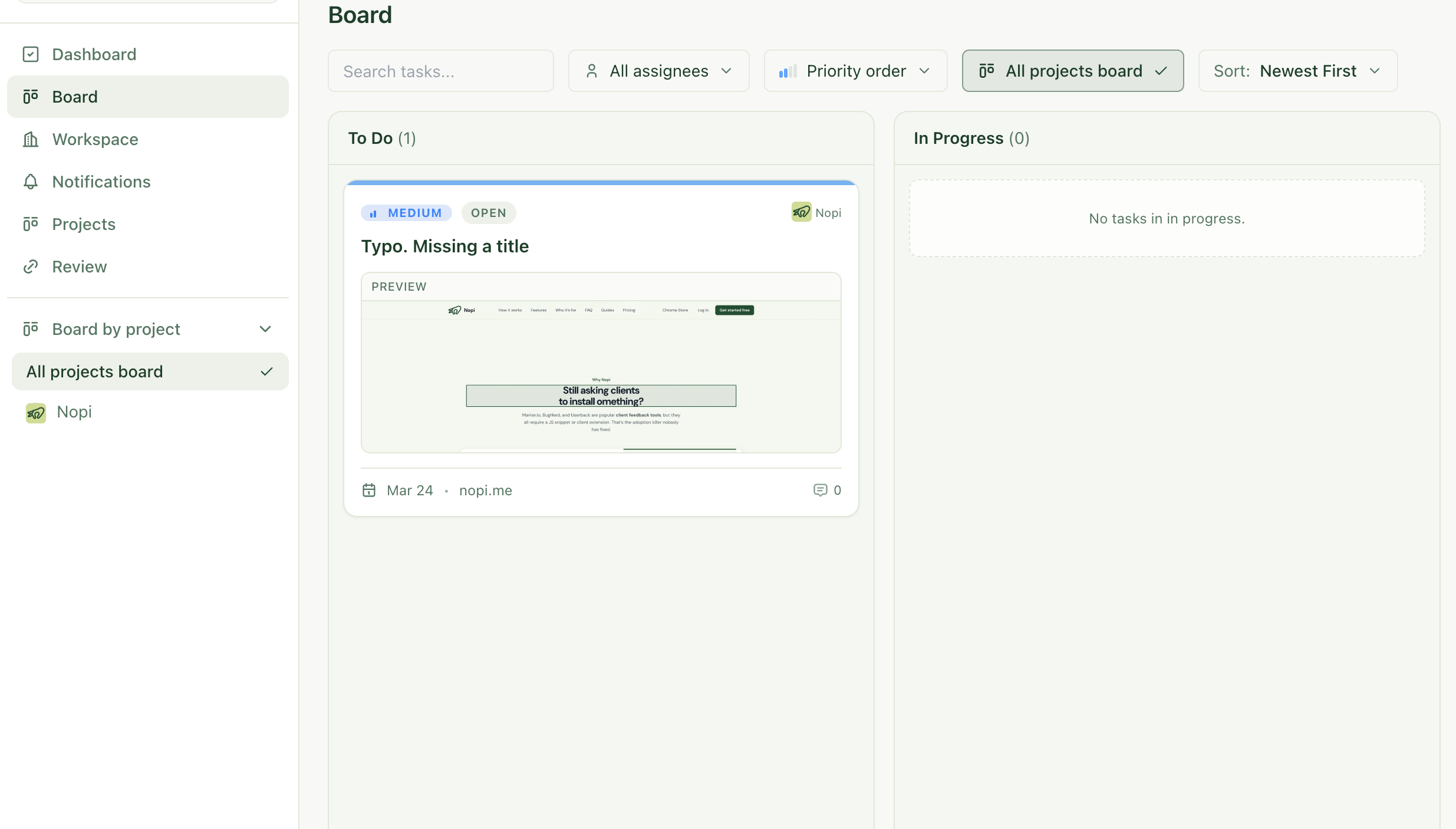 Nopi dashboard showing a kanban board of feedback tasks with statuses and assignees