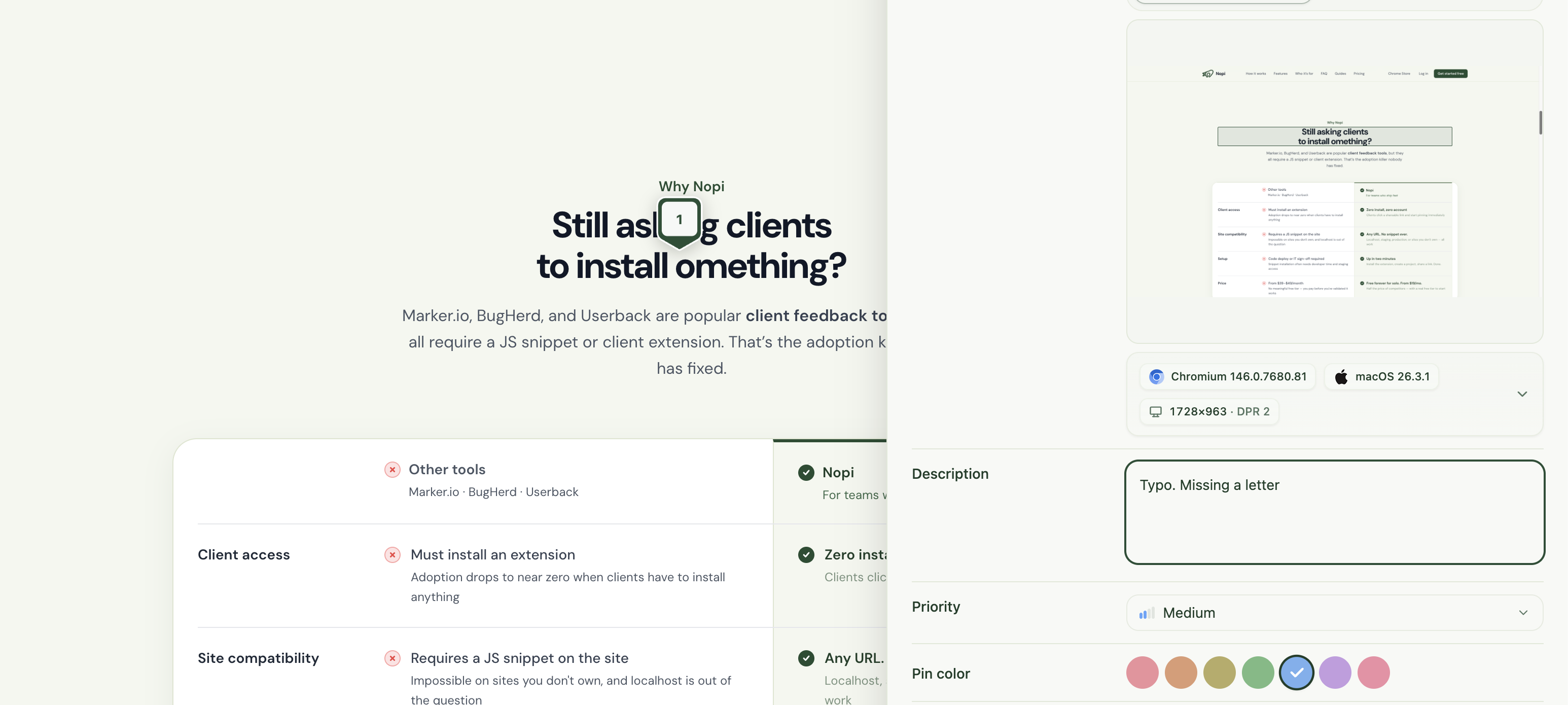 Nopi Chrome extension showing a pin dropped on a website element with a clear comment