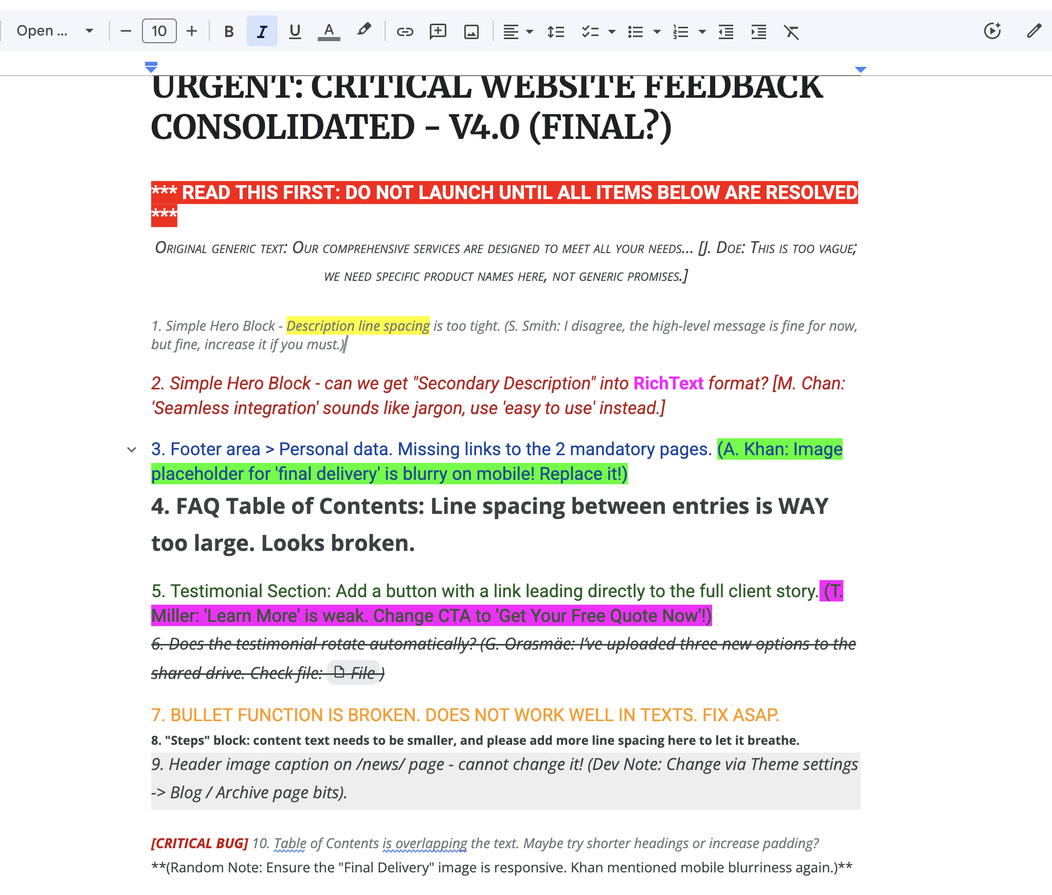 A messy Google Doc full of confusing, color-coded client feedback